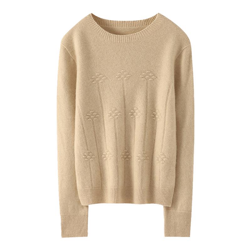 Elegant Autumn/Winter 100% Wool Slimming Pullover Sweater with Round Neck and Long Sleeves for Women