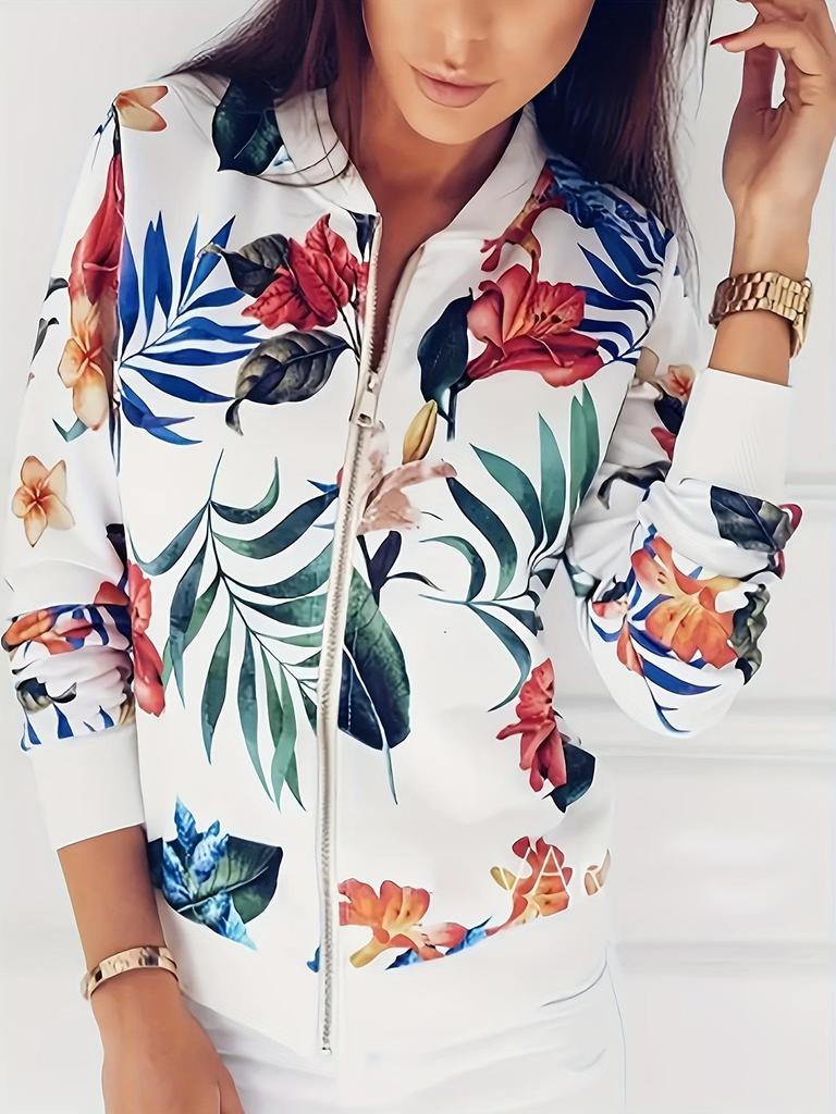 Elegant Floral Zippered Long Sleeve Baseball Collar Jacket - Plus Size for Autumn & Winter