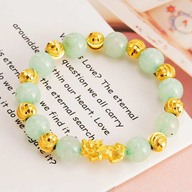 3D Hard Gold Pixiu Jade Bracelet Women's Brass Gold-plated Natural Stone Bracelet Birthday Gift