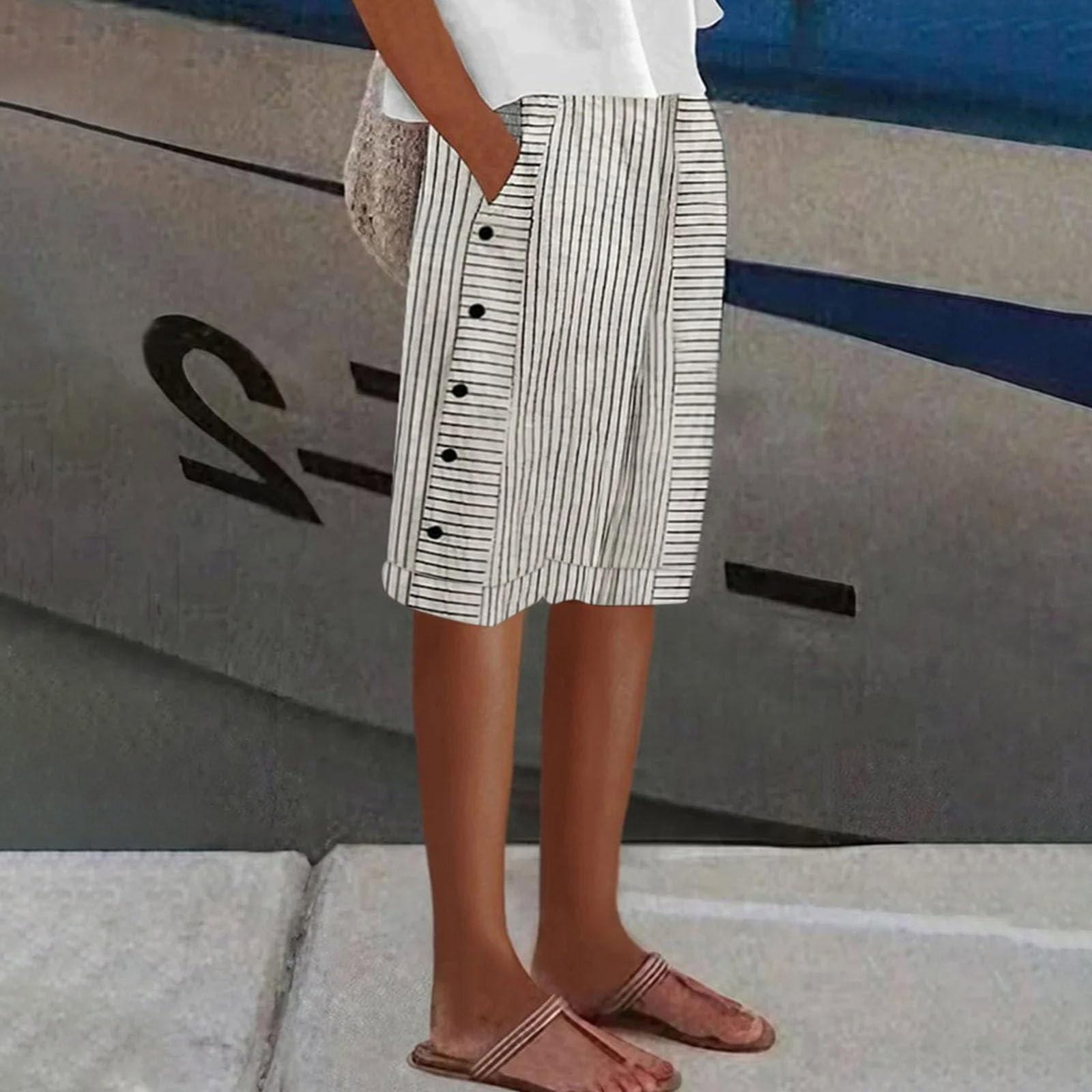 

Женские повседневные полосатые брюки с принтом на боковой пуговице, модные пять брюк, свободные прямые брюки с эластичной резинкой на талии и удобными карманами M бежевый