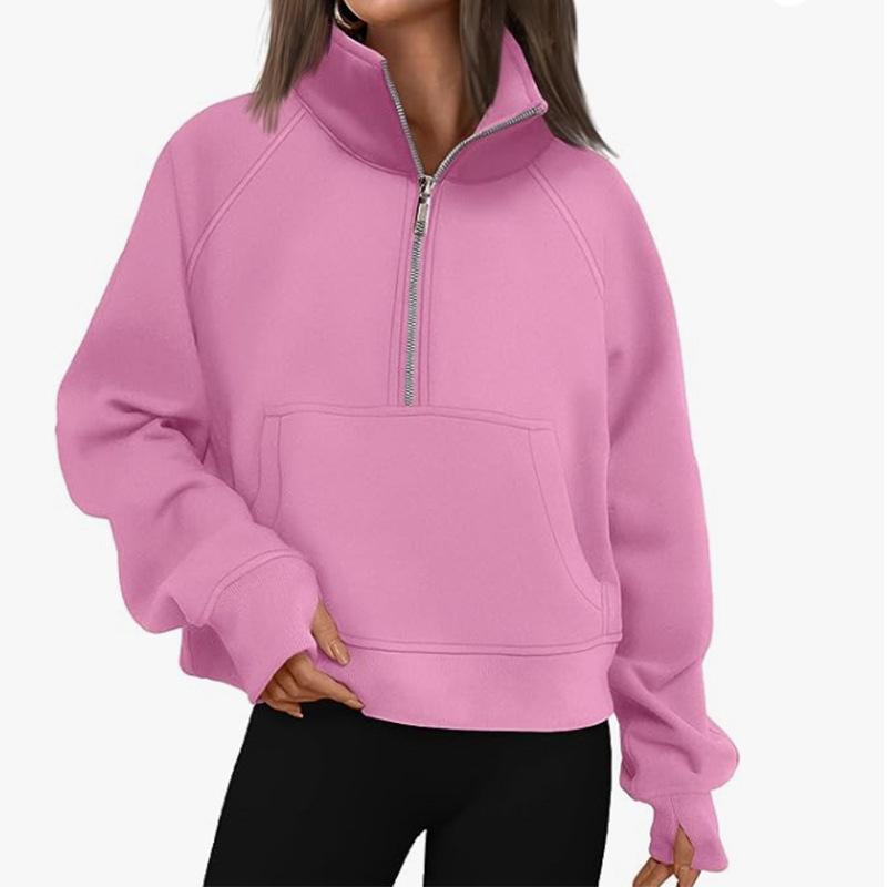 Women's Autumn/Winter Solid Color Half-Zip Cropped Hoodie - European & American Style