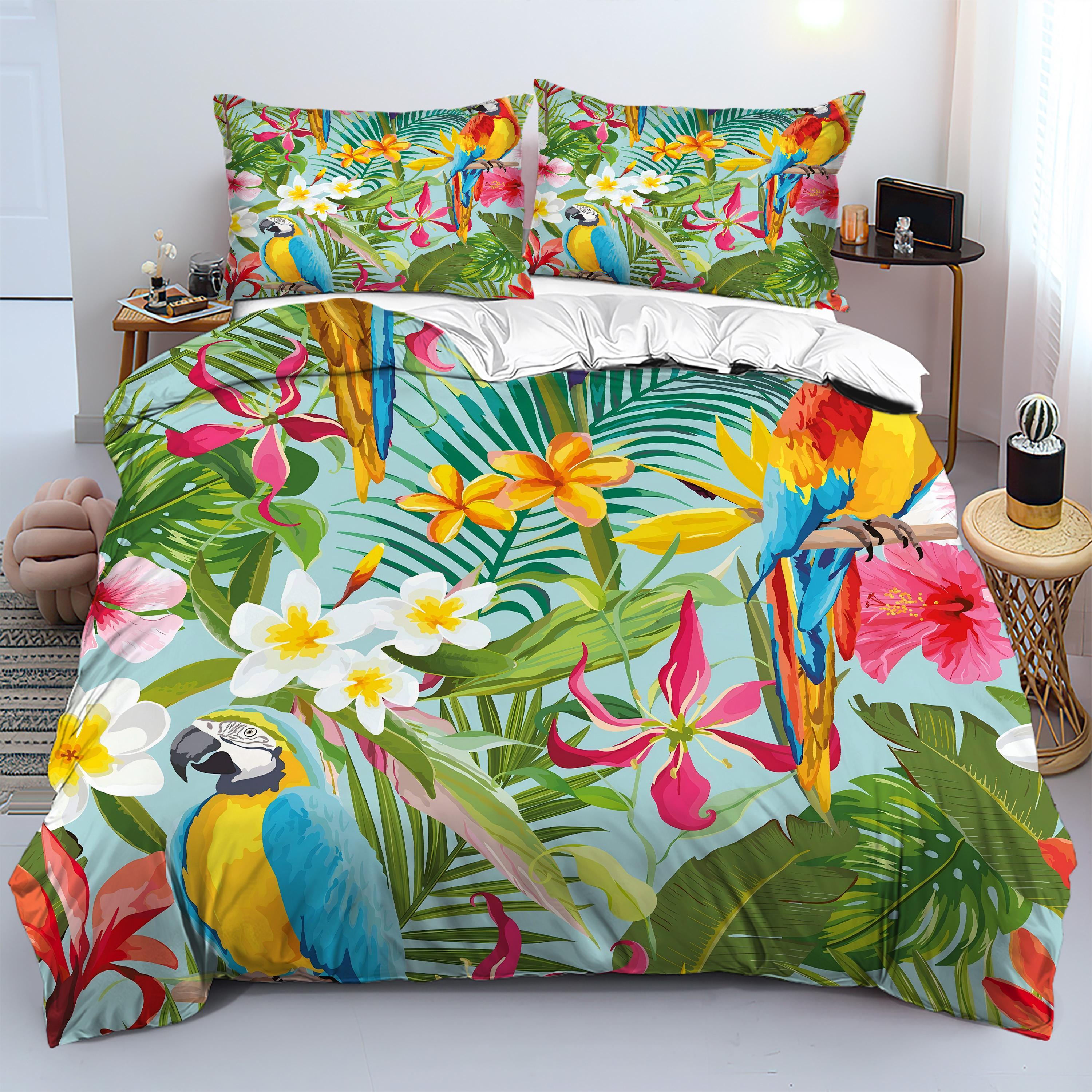 

Colorful Parrots Flower 3D Printed Quilt Cover Set Tropical Rainforest Style Duvet Cover Soft Comfortable Bedding Set Pillowcase 135x200cm 2pcs