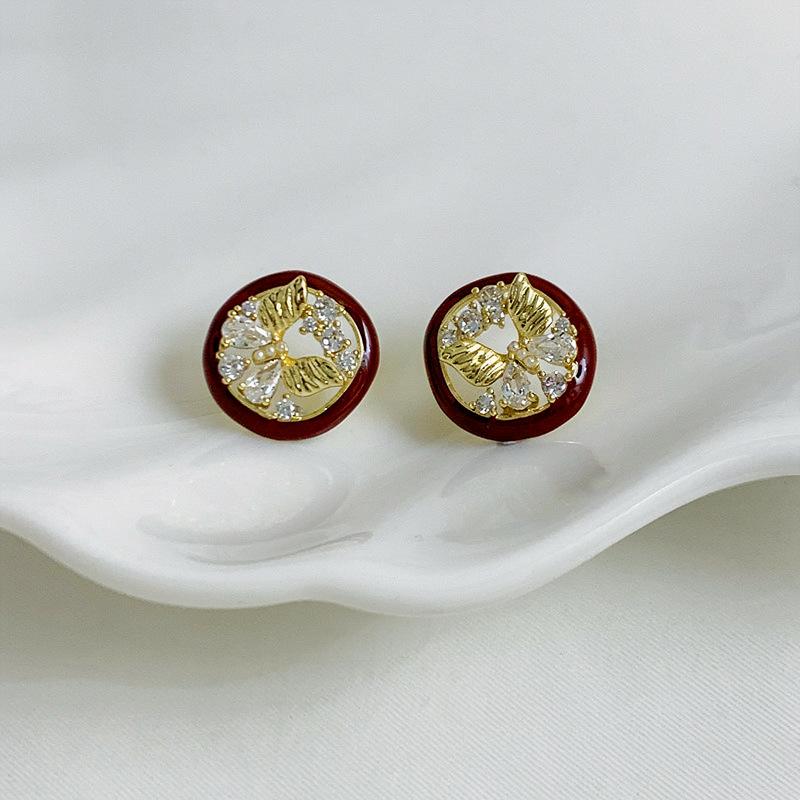 

K real gold electroplated silver needle zircon dripping oil butterfly stud earrings retro court style earrings light luxury high-end earrings