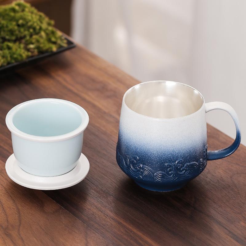 Handmade gilt silver creative ceramic mug gift box set 999Silver-plated office cup with lid, tea-water separation brewing cup