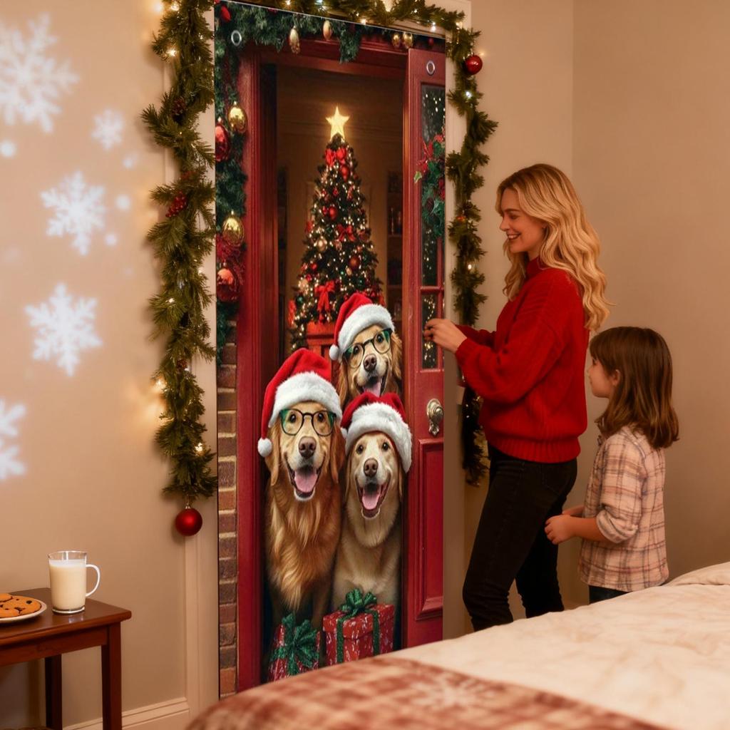 NEW Christmas Front Door Decoration Cover 2D Winter Holiday Party Background Christmas Door Wrap For Indoor Outdoor Home Kitchen