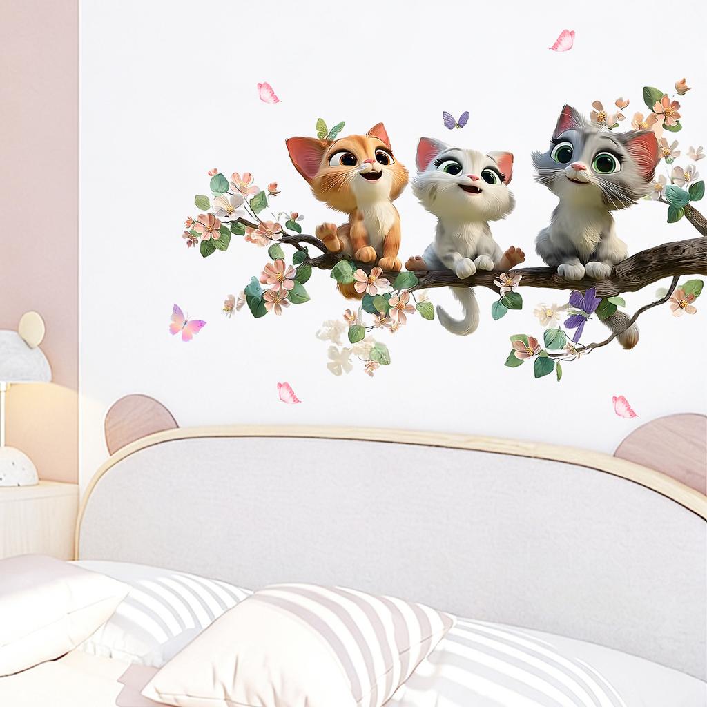 Cute Calico Cat with Flower Branches Wall Sticker Modern Minimalist Living Room Study Room Bedroom Self-Adhesive Removable Home Decor Art