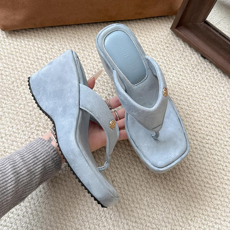 Fashion Square Clip Toe Platform Sandals Woman Chic Denim Wedge Flip Flops Ladies Summer Street Style Thick High Heel Slippers 35 синий 3198₽