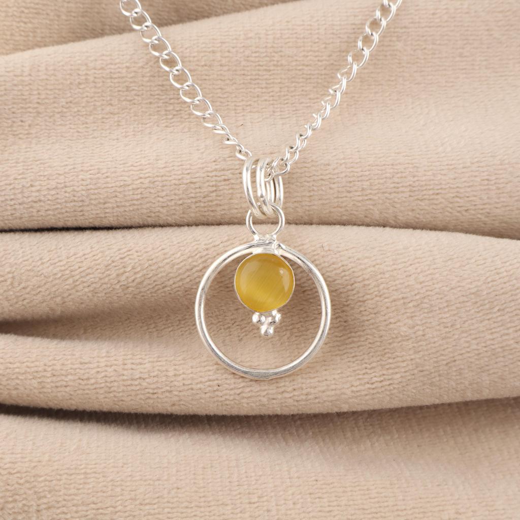 Yellow Cat's Eye Gemstone 925 Sterling Silver Jewelry Partywear Pendant 1.2" For Her PP-68-38