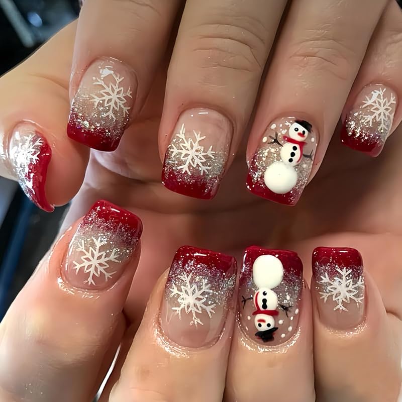 Christmas Press on Nails Medium Square Fake Nails Xmas Nails Press ons with Winterberry,Candy Cane,Snowflake,Santa Hat Design Reusable Artificial