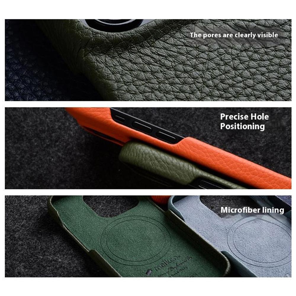 MELKCO For iPhone 14 Anti-drop Case Genuine Cow Leather+PC Phone Cover Compatible with MagSafe