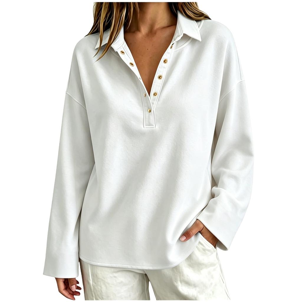 Women Long Sleeve Pullover V Neck Sweatshirt with Button Down Collar Loose Fit Casual Top for Everyday Wear