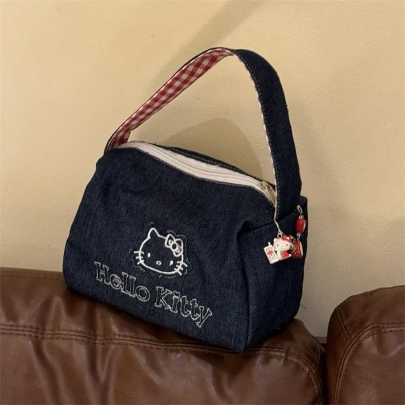 Cute Hello Kitty Denim Cosmetic Bag Large Capacity Vintage Contrast Plaid Handbag Portable Storage Bag Girl Kt Bag Gifts