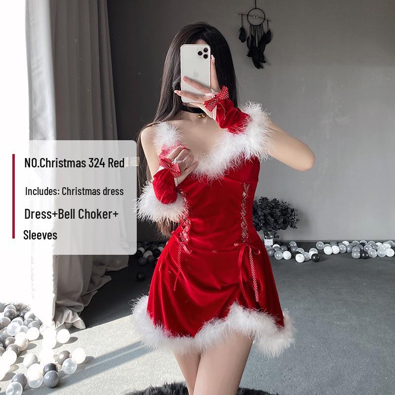 Yi Mengyao Red Christmas Bow Dress - Pure Desire Style, Autumn/Winter Collection for Women