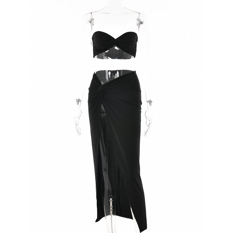 Sexy Strapless High Waisted Slit Skirt Sexy Tube Top High Waist Slit Skirt