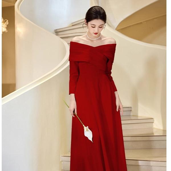 High-end White Evening Dress, Banquet Temperament, One-word Shoulder Long-sleeved Host Performance Uniform, Certificate Engagement Dress