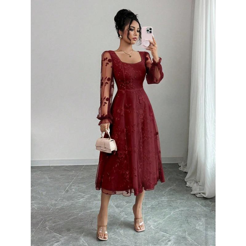 women s Square Neck Lace Long Sleeve Elegant Midi Dress A Line Party Cocktail Dress S бордовый