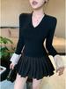 Plus Size Women's French V-neck Flare Sleeve T-shirt - Elegant Slimming Black Top for Autumn/Winter