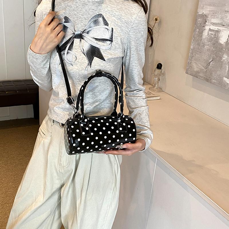 Chic Black & White Polka Dot Stylish Cylinder Crossbody Bag Braided Handle PU Leather Zip Closure Versatile Messenger Bag for Women AVE
