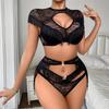 Women’s Sexy Shapewear Set Tassel Lace Halter Neck Lingerie Fashion Sheer Three‑Piece Underwear Set