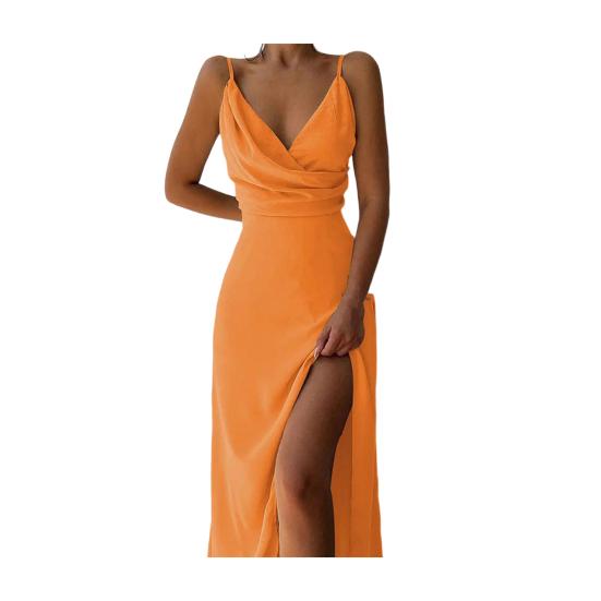 Womens Sleeveless V Neck Bodycon Dress Sexy Spaghetti Strap High Slit Ruched Midi Dress Cocktail Party Wedding Guest Dress