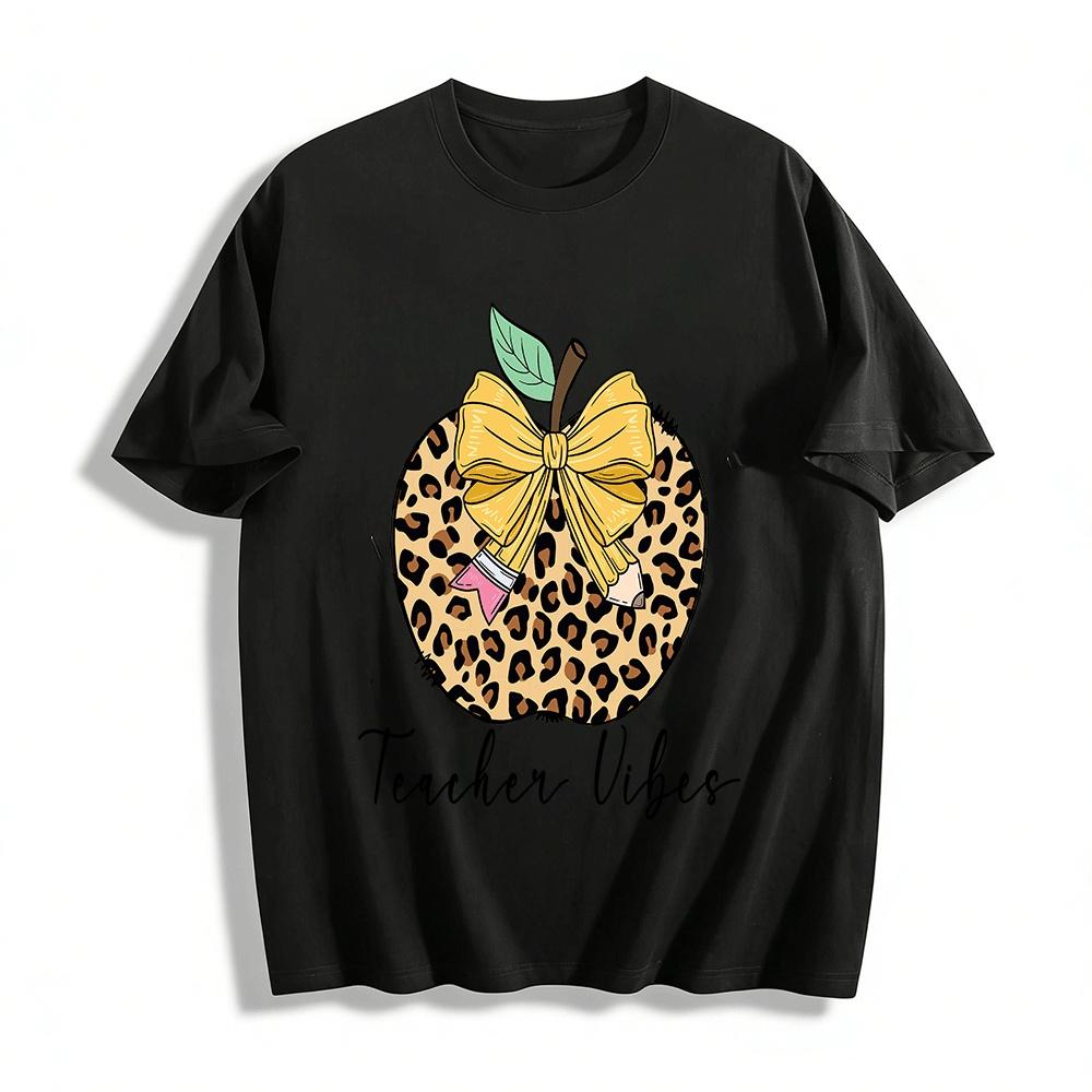 Leopard Print Apple Bow Teacher Vibes Casual Printed Top Pure cotton T-shirt XXS