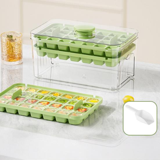 Ice Cube Mold with Lid And Storage Box One-Press Easy-Release Double Layer Ice Tray with Scoop BPA-Free Food Grade Ice Maker for Cocktails Whiskey