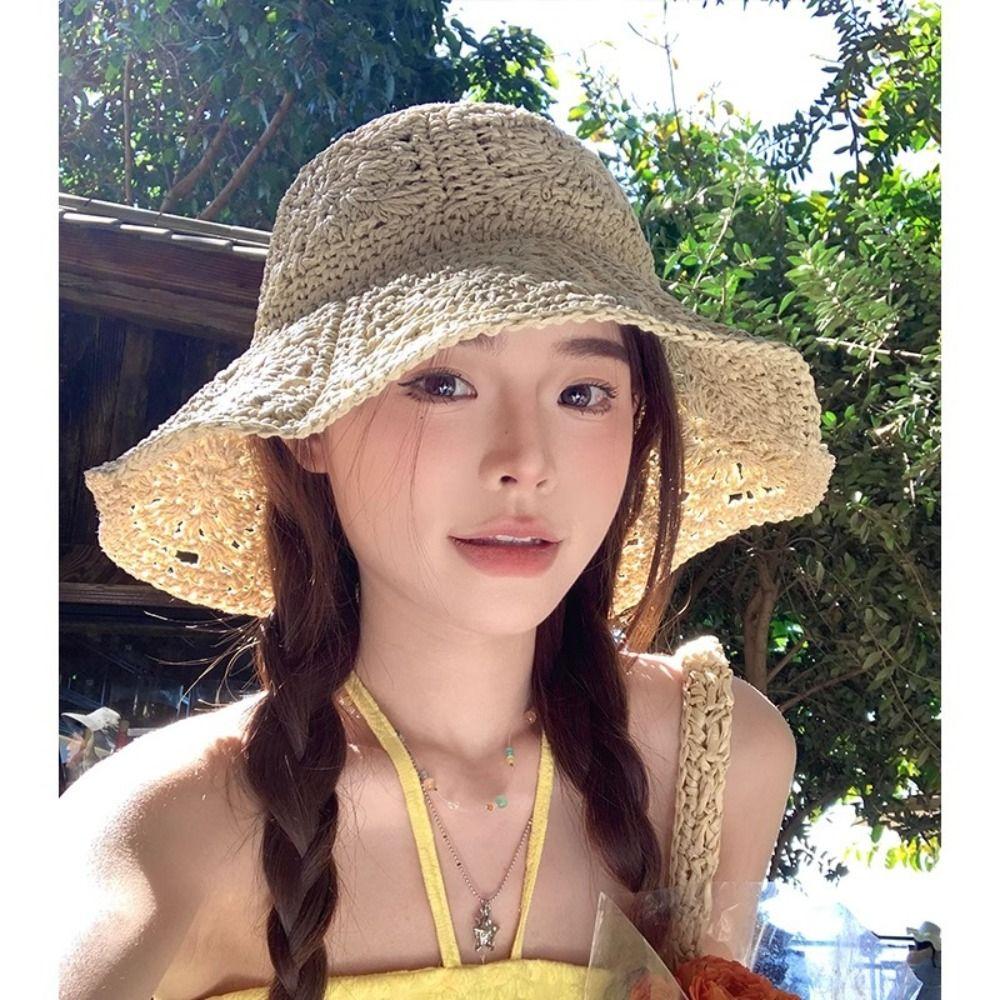 British Style UV Protection Sunscreen Straw Hats Breathable Foldable Bucket Cap Lightweight Beach Hats Vacation Accessory