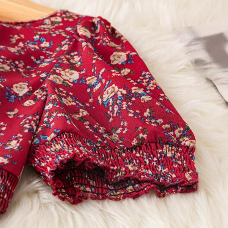 Women's Summer Crew-neck Broken Flower Bouquet Waist Swing Print Short-sleeved Dress