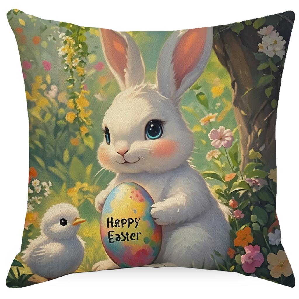 New Easter Pillowcase Watercolor Flowers Rabbit Home Pillow Cushion Cover
