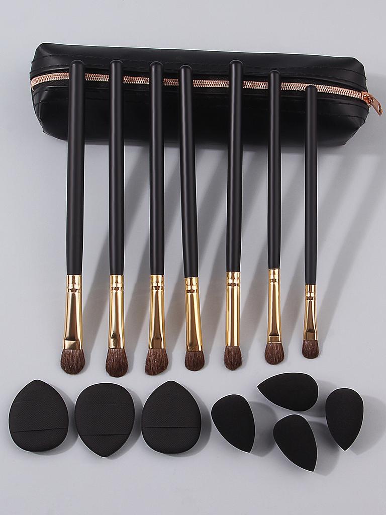7 Animal Hair Eye Shadow Brush Sets + 4 Mini Black Makeup Eggs + 3 Thumb Powder Puff + High Appearance Level Makeup Bag