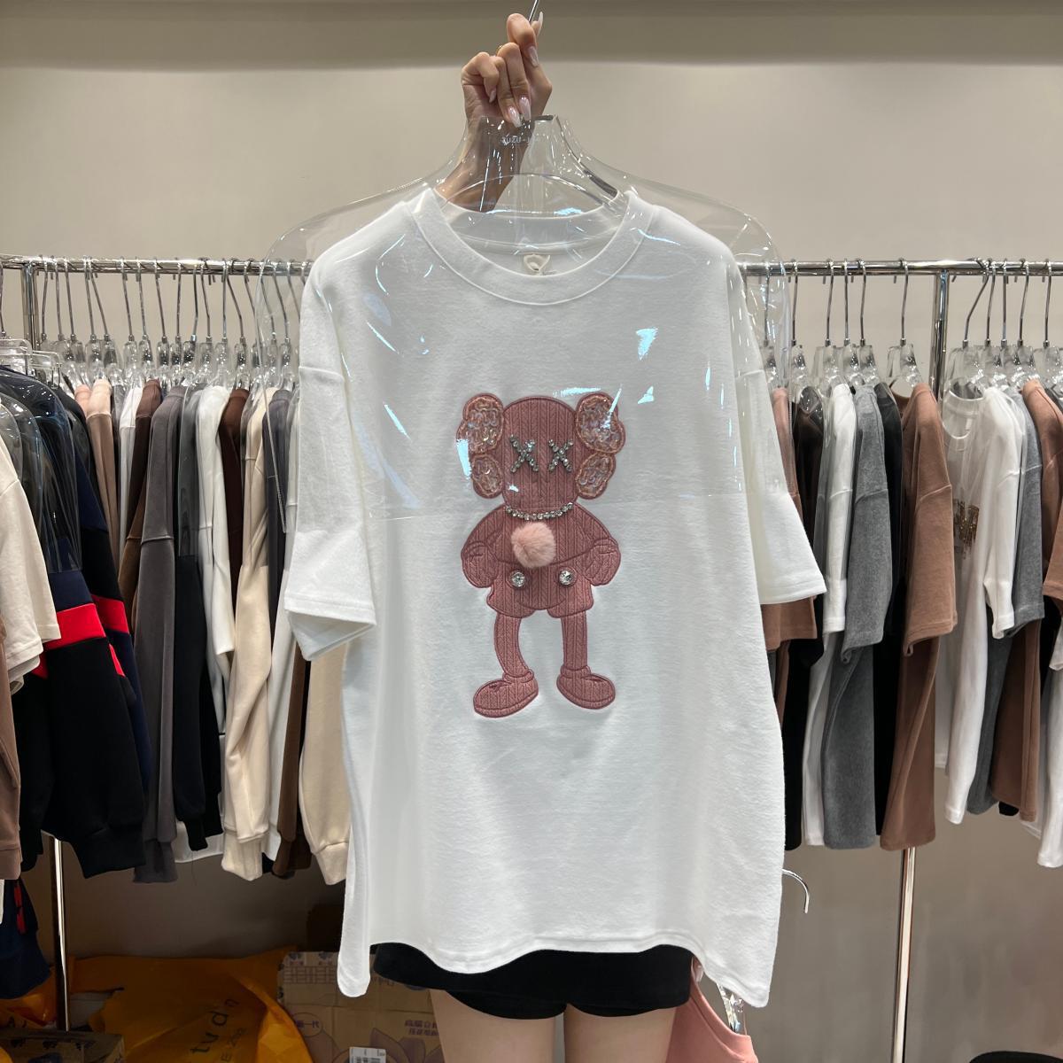 

2023 Весна Женский Свободный Хлопковый Топ Средней Длины С Короткими Рукавами и Мультяшным Принтом M