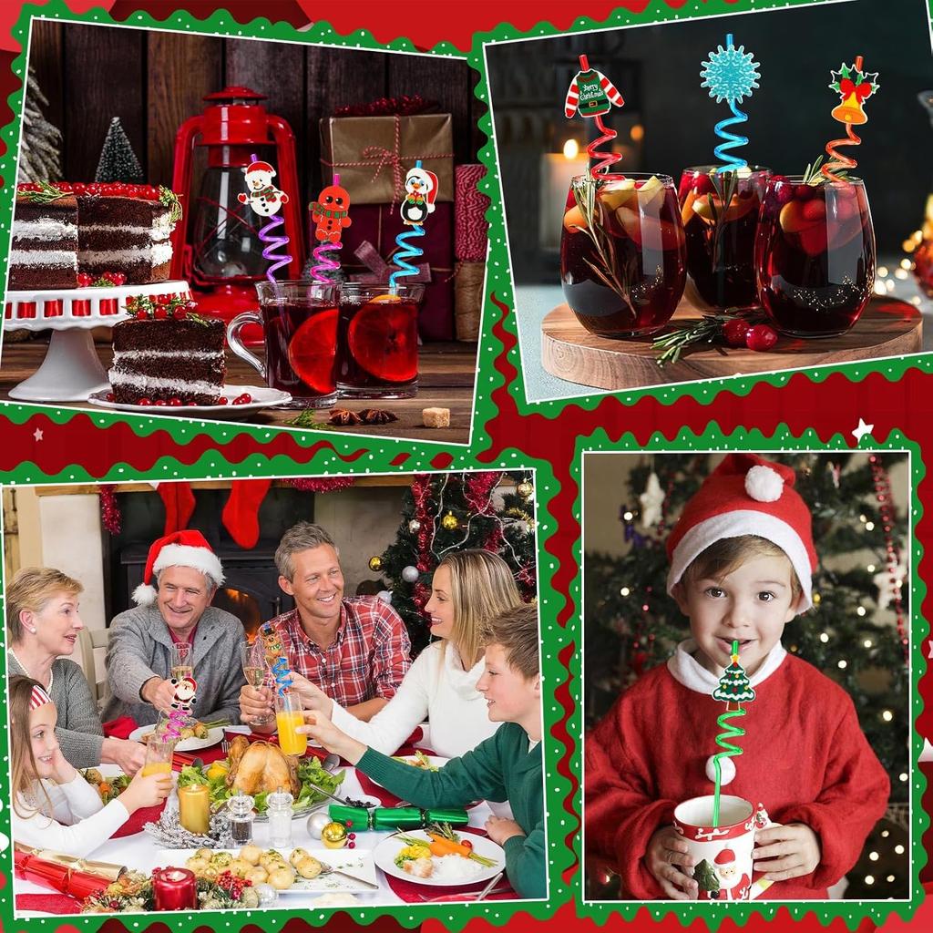 Christmas Plastic Drinking Straws Cute Santa Snowflake Reindeer Straws Party Favors for Kids Holiday Xmas Party Supplies