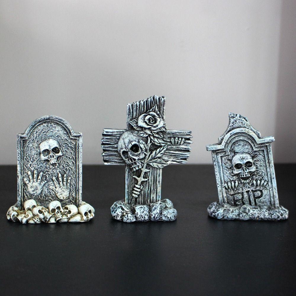 3pcs Skull Cross Halloween  Tombstones Figurine Resin Crafts Tombstone Statues  Party Layout