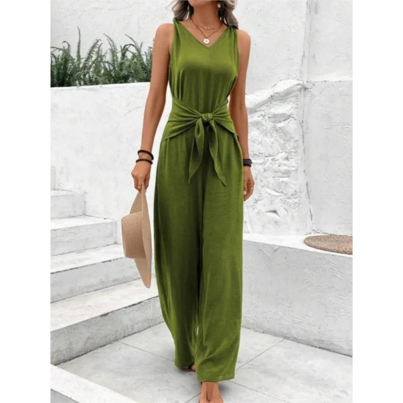 Fashion Solid Jumpsuit for Women Casual Sleeveless V Neck Lace-Up Wide Leg Pants Jumpsuits Lady Summer Holiday Womens Clothing