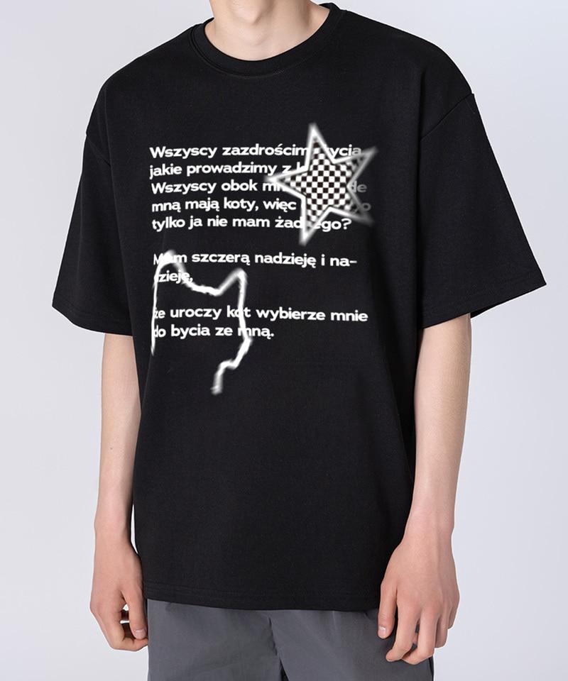 UNDEROFF Oversized Crew Neck Polish Cats Lettering Short Sleeve T-Shirt Black