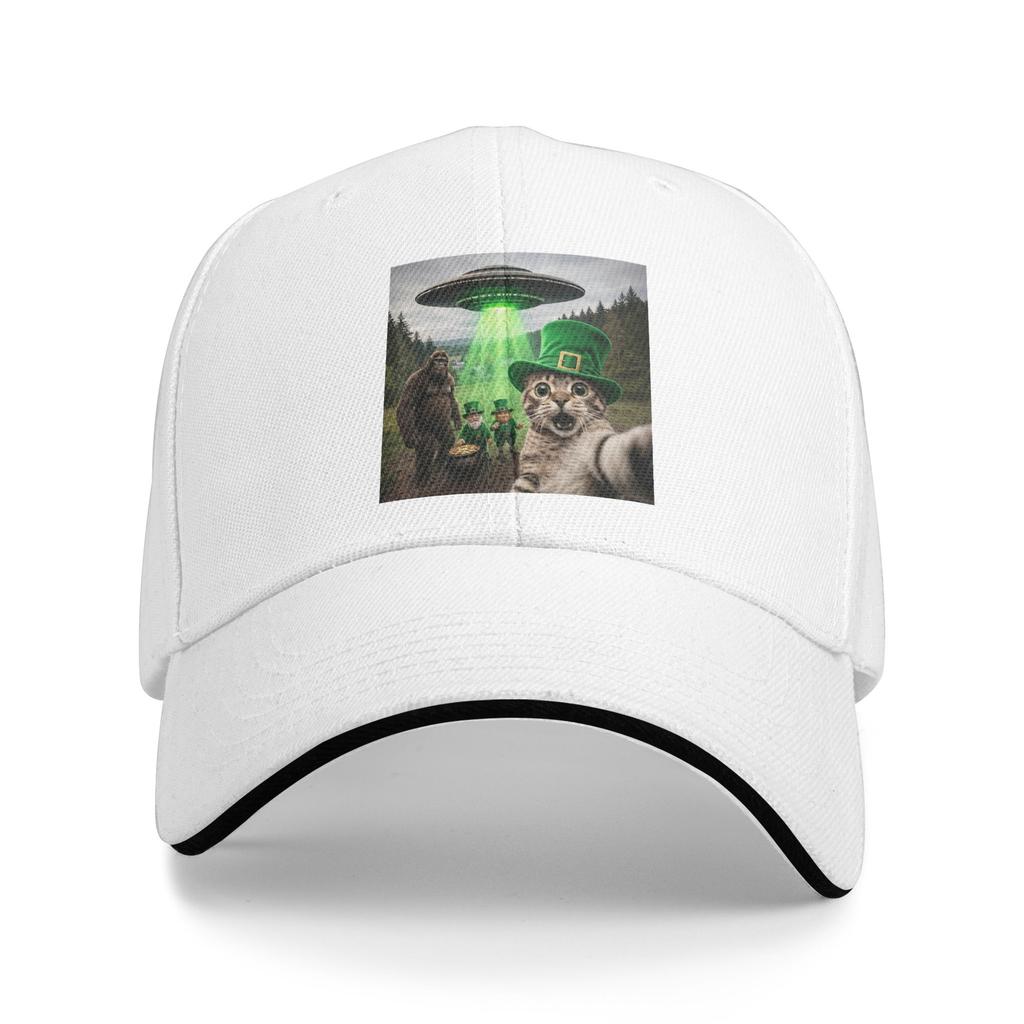 Summer Casual Baseball Cap Funny St Patricks Day Cat Selfie with Leprechaun Bigfoot UFO Unisex Hot Sale  Vintage Baseball Caps