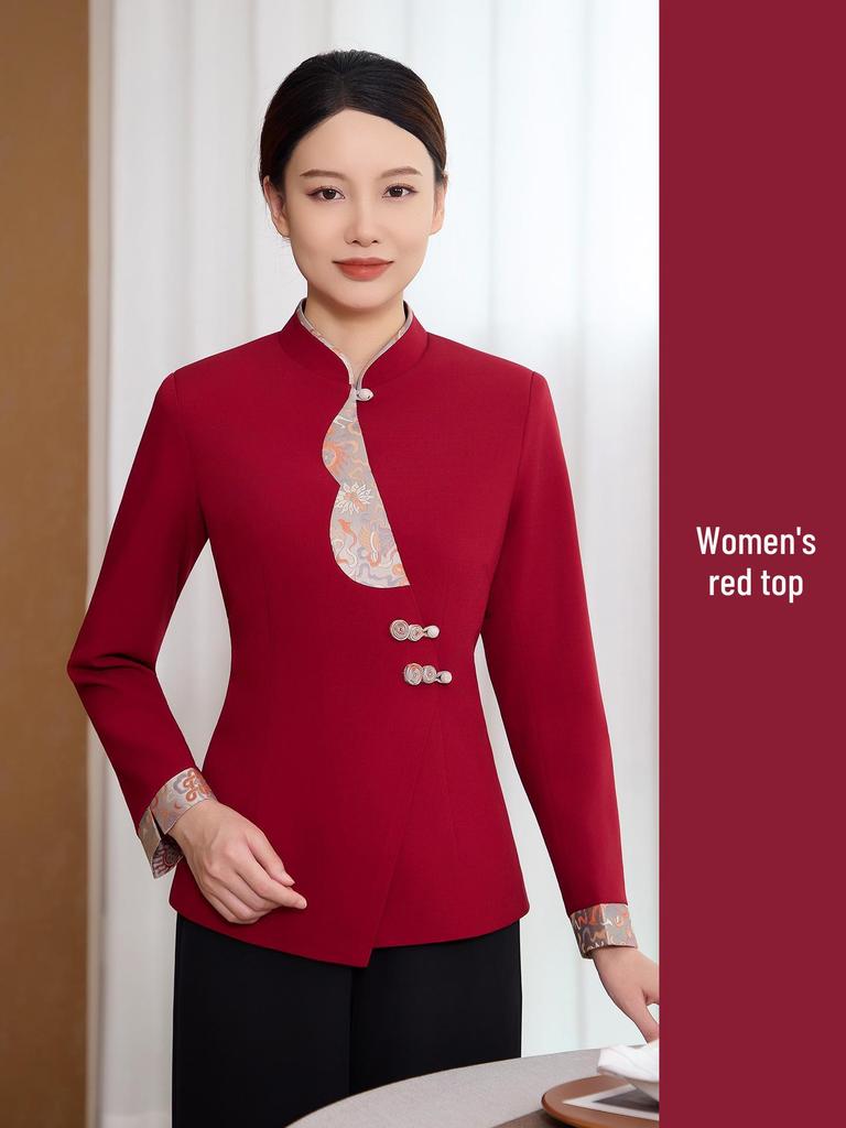Chinese Restaurant Waiter Uniform - Long Sleeve for Autumn/Winter, Ideal for Hotel and Hot Pot Restaurants Front Desk Staff.