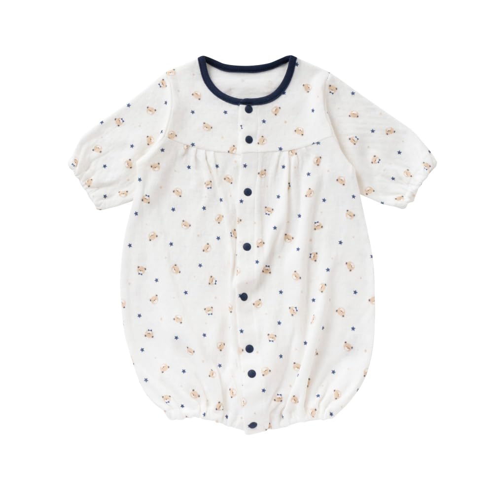 Cream de Coco Bear Print for Premature Birth Weight Babies Newborn Made in Japan for and Two-Way All-in-One [Crotch Snaps/2-Way] Baby, 100% Cotton,