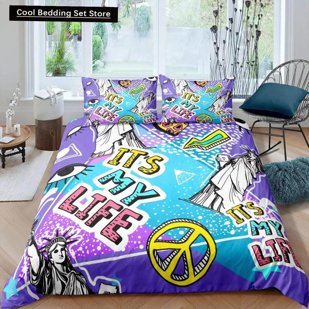 Freiheitsstatue Bettbezug Hip Hop Doppelgröße Friedenszeichen Liebesherz Bettwäscheset Amerikanische Augen Bunt Polyester Steppdecke