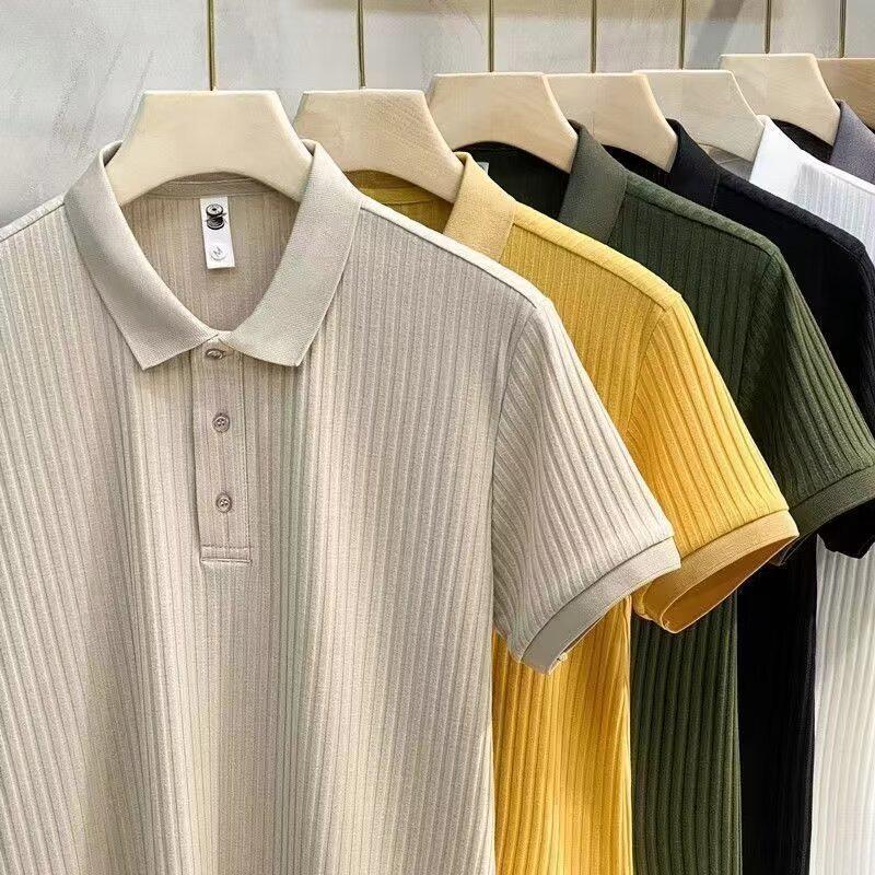 Men's Slim-Fit Dark Striped Textured Ice Silk Polo Shirt - Short-Sleeve Summer Business Casual Lapel Tee