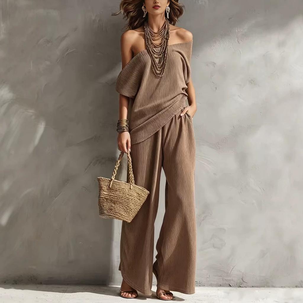 Women Off Shoulder Crop Top and Wide Leg Pants Set Solid Beige