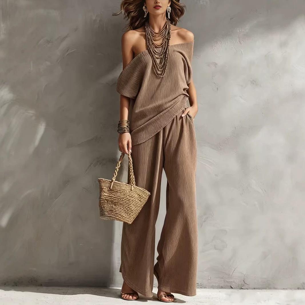 Women s Off Shoulder Ribbed 2 Piece Outfit Casual Short Sleeve Top and Wide Leg Pants Set S верблюд