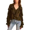 Women's 2025 Retro Ruffle Long Sleeve Top with Bubble Sleeve and Wood Ear Edge