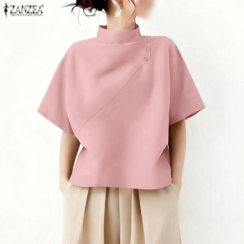 ZANZEA Women Casual Turtleneck Summer Loose Half Sleeve Blouse
