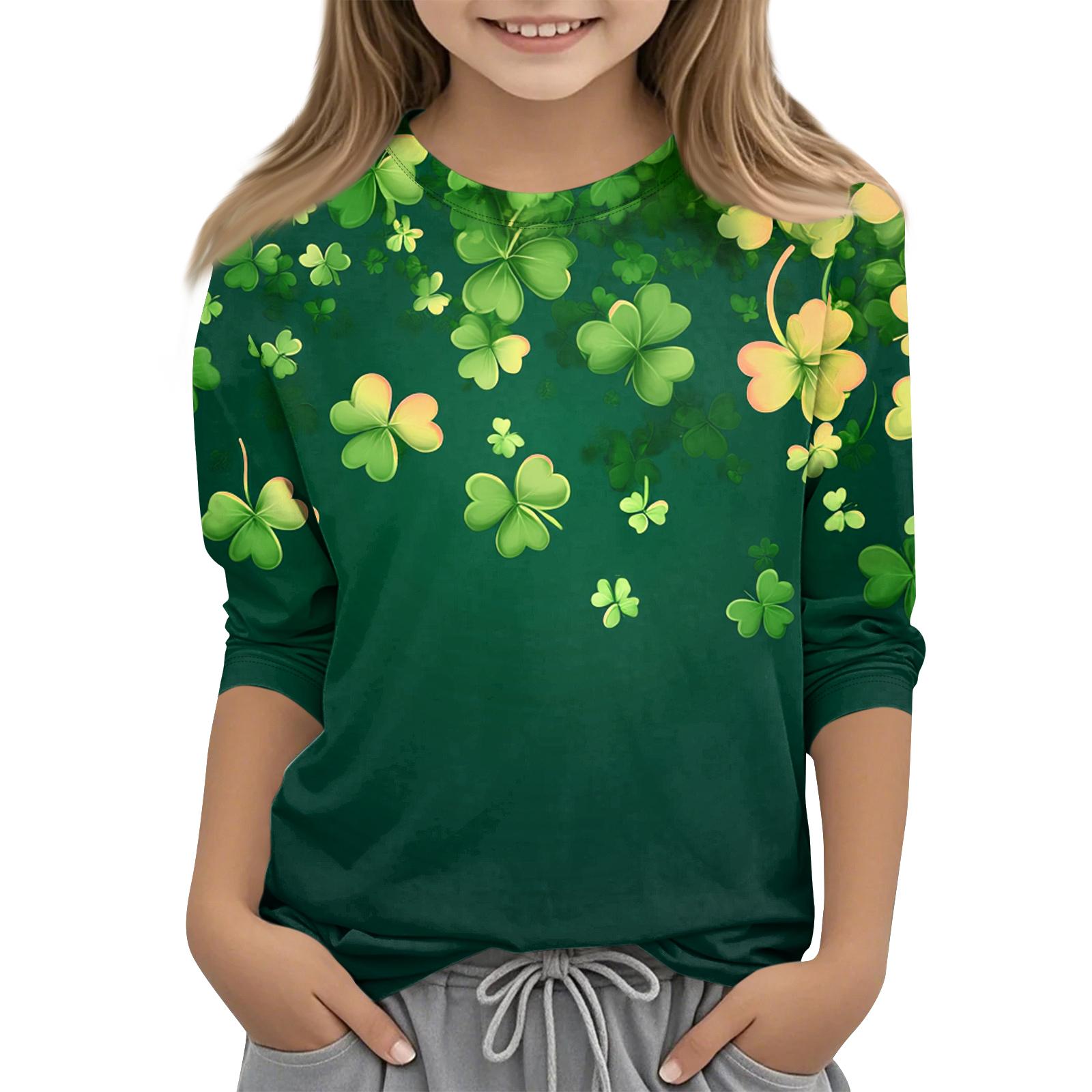

St. Patrick s Day Print Tops For Youth Girls 4-11 Years Round Neck 3/4 Sleeves T-Shirts Trendy Tops Outfit Tees 140