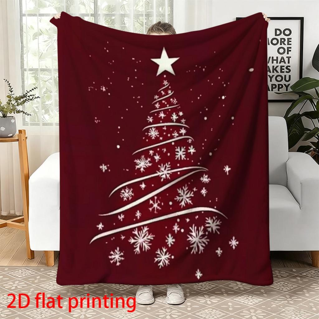 1Pc Red & Burgundy Christmas Tree Throw Blanket Soft Flannel With White Snowflake & Star Print Cozy Sofa Bed Cover Holiday Gift