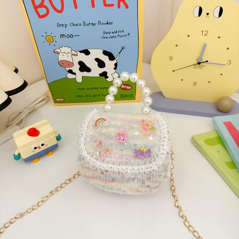 Charming Pink Bow Sequin Girls Shoulder Bag With Pearl Chain For Kids Fashion