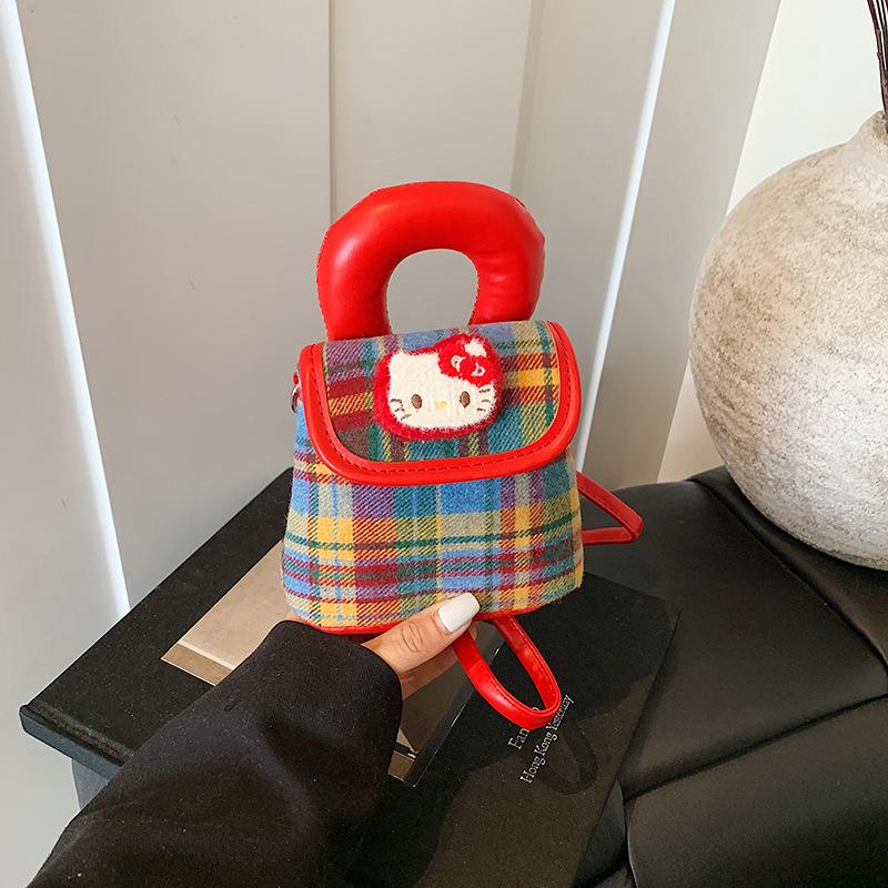 

Retro cute cat color contrasting plaid handbag exquisite wind shoulder crossbody mini bucket bag красный