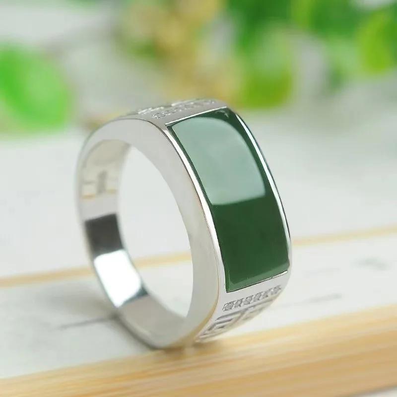 New Real Green Natural Hetian Jade Ring 925 Sterling Silver Ring Couple Rings Men Women Jewelry Lucky Stone Jade Finger Ring
