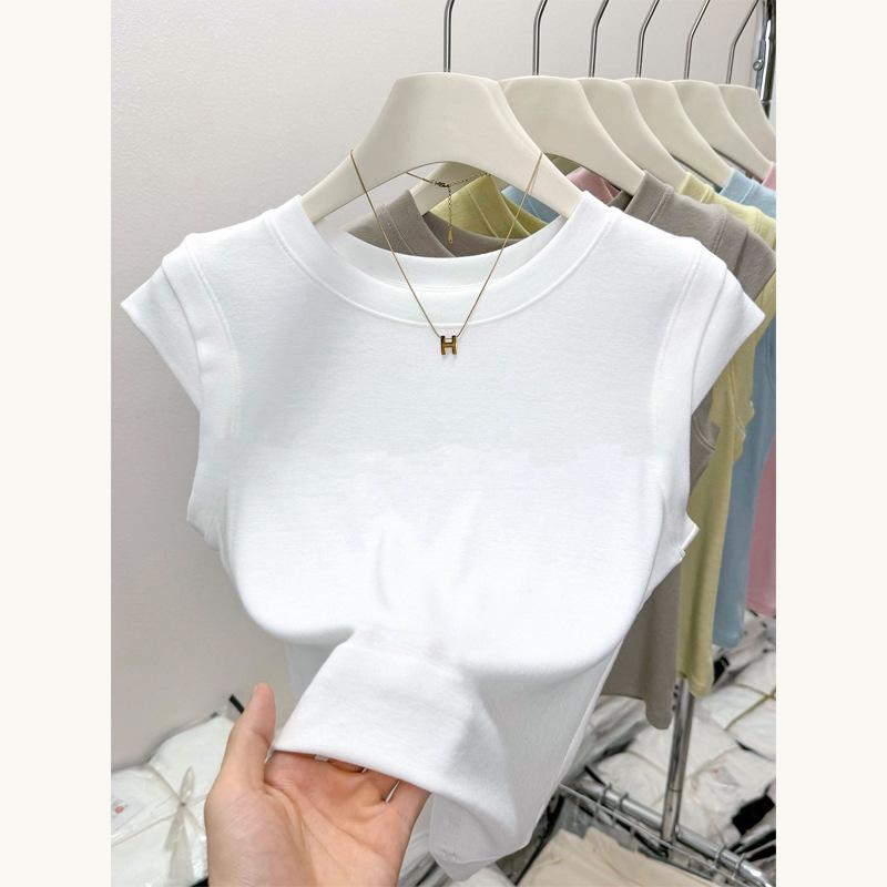 Women Round Neck Cap Sleeve Ribbed T-shirt Summer Solid Color Slim Fit Modal Sleeveless Basic Tee Casual Top